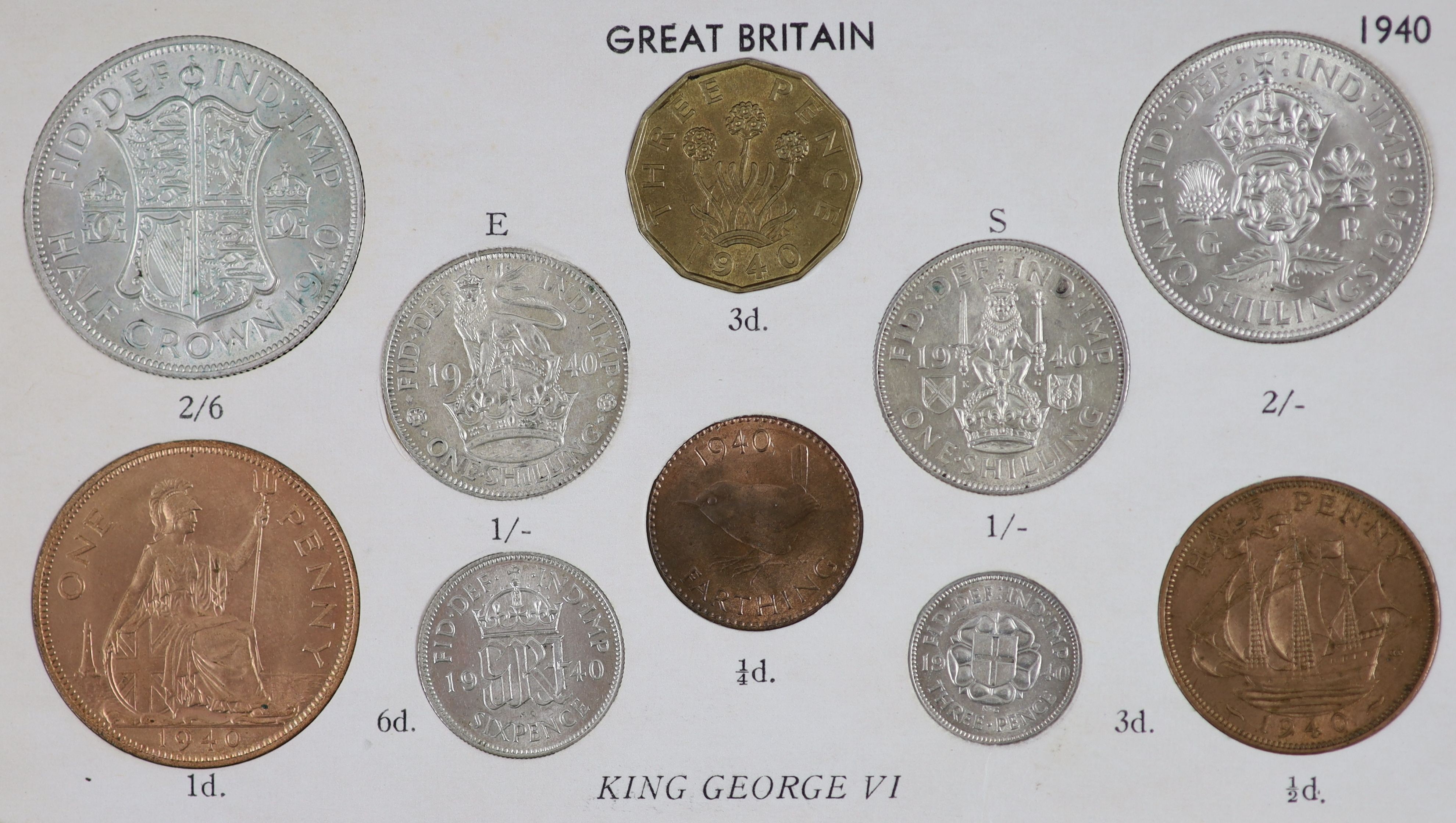 George VI specimen coin sets for 1938, 1939, 1940, 1941, 1942 and 1943, first coinage, the majority about EF or better